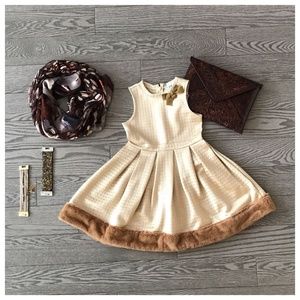 Girls/ Kids Beige dress with faux fur trim (satin like material with sheen). NWT